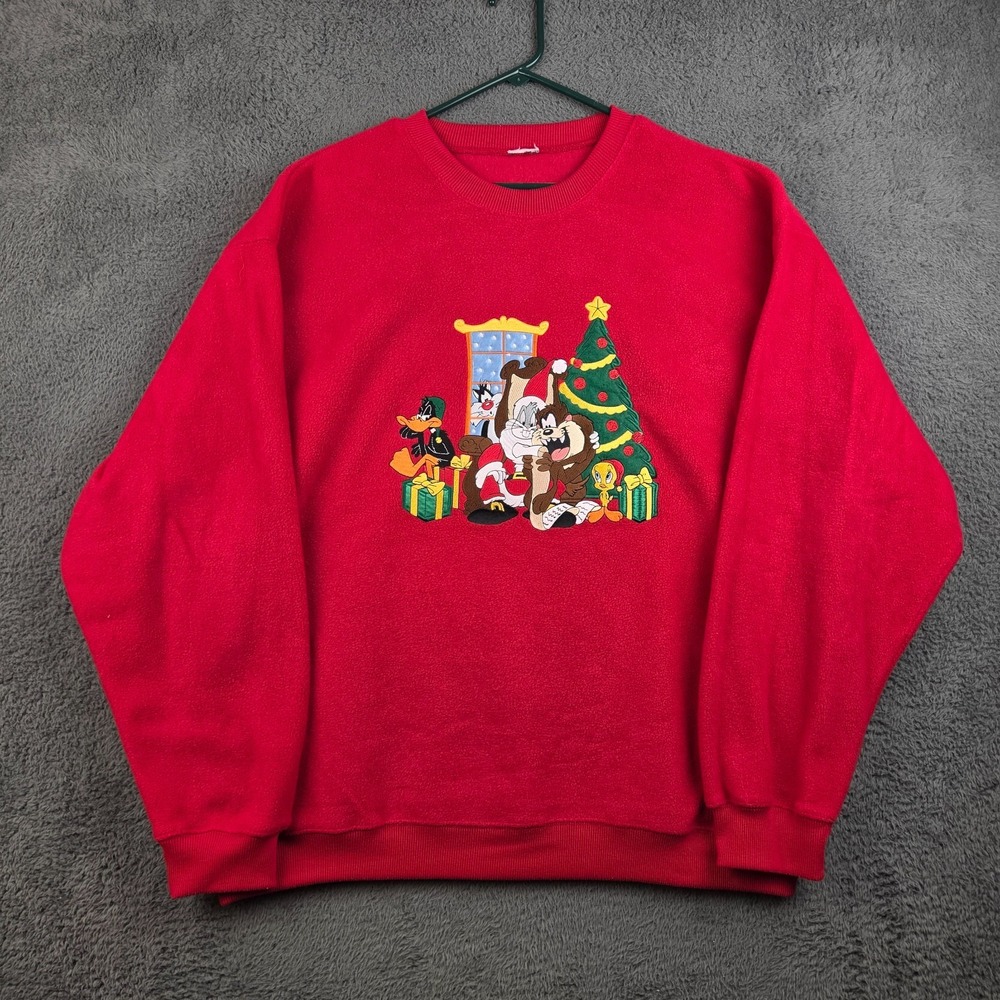 Vintage Christmas Sweatshirt Women's 3XL Looney Tunes Red Holiday Santa Claus